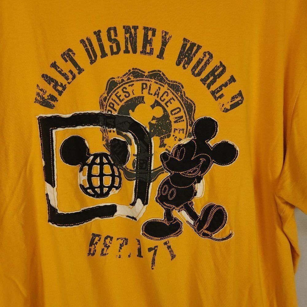 Walt Disney World Mickey Mouse Embroidered Patches Distressed T Shirt XXL Gold - Picture 2 of 8